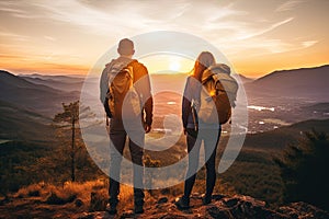 Hiking couple looking enjoying sunset view on hike during trek in mountain nature landscape at sunset. Active healthy couple doing