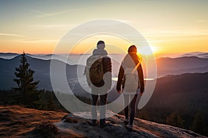 Hiking couple looking enjoying sunset view on hike during trek in mountain nature landscape at sunset. Active healthy couple doing