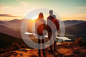 Hiking couple looking enjoying sunset view on hike during trek in mountain nature landscape at sunset. Active healthy couple doing