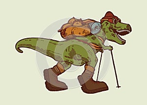 Hiking dino. T-rex dinosaur traveler