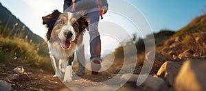 Hiking with the Dog, a Young Man and His Active Border Collie Dog Trekking in Mountain Valley. Activities with Pet. Low angle view