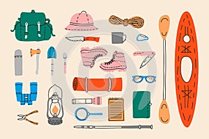 Hiking equipment accessories set. Binoculars, hiking shoes, travel bag, magnifying glass, rope, gaslamp, knife, kayak