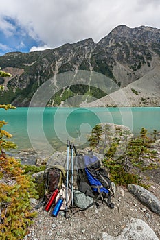 Hiking Equipment at Edge of Alpine Lake