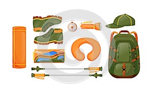 Hiking equipment flat color vector objects set