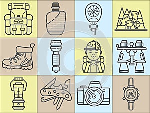 Hiking equipment and forest leasure vector icon set. Mountain hiking and trekking elements. Multitool, lantern, binocular, hiking.