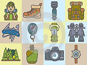 Hiking equipment and forest leasure vector icon set. Mountain hiking and trekking elements. Multitool, lantern, binocular, hiking.