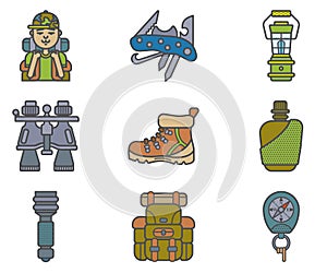 Hiking equipment and forest leasure vector icon set. Mountain hiking and trekking elements. Swiss knife, lantern, binocular, hikin