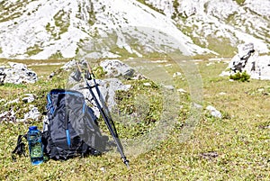 Hiking equipment in mountains in summer