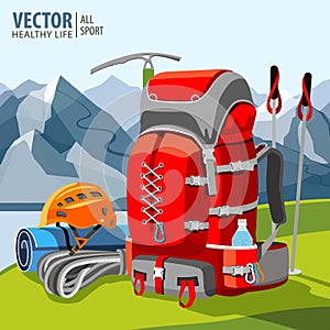 Hiking equipment, rucksack, poles, rope, helmet, ice pick. Mountaineering. Mountains. Vector illustration.