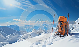 Hiking equipment snow Mountains, backpack and ski poles,climbs snowy mountain,winter trekking equipment,hiking,hike