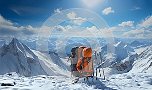 Hiking equipment snow Mountains, backpack and ski poles,climbs snowy mountain,winter trekking equipment,hiking,hike