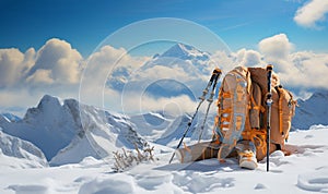 Hiking equipment snow Mountains, backpack and ski poles,climbs snowy mountain,winter trekking equipment,hiking,hike