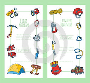 Hiking equipment vector illustration. Mountain climbing, alpinism and mountaineering cartoon icons templates for flyers