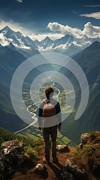 Hiking euphoria, back view of man in mountains, soaking in mesmerizing landscape