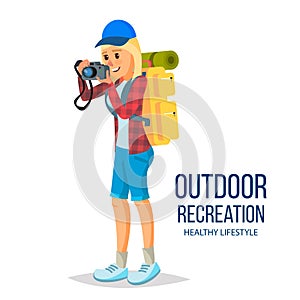 Hiking Female Vector. Climbing, Trekking, Hiking, Walking. Sport Activity People. Isolated On White Cartoon Character