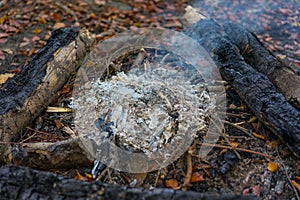 Hiking fire place bbq in forest with small fire and ash