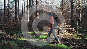 Hiking, forest, travel, active healthy lifestyle, adventure, vacation concept. Man wandering in deep forest with