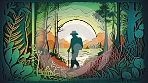 Hiking forest travel Paper cut style for adventure in nature concept, Banner and Poster.