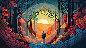 Hiking forest travel Paper cut style for adventure in nature concept, Banner and Poster,.