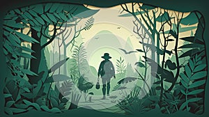 Hiking forest travel Paper cut style for adventure in nature concept, Banner and Poster.