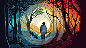 Hiking forest travel Paper cut style for adventure in nature concept, Banner and Poster, Generative Ai