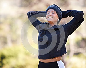 Hiking, freedom and mockup with a woman in nature, outdoor for a hike in the woods or forest. Fitness, relax and a