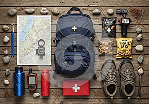 A hiking gear setup on a wooden surface includes a blue