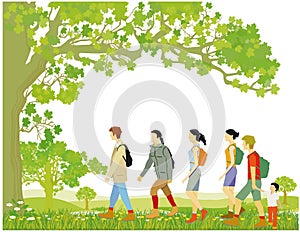 Hiking in group active, illustration