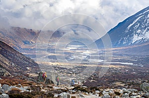 Hiking group on a trail. Nepal, Himalayas