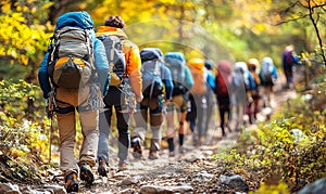 Hiking group trekking mountain trail autumn forest