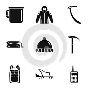 Hiking habiliment icons set, simple style