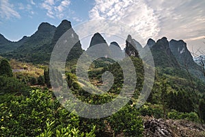 Hiking in the Karst mountains in Guilin region of South China, close to Xingping village, Li River