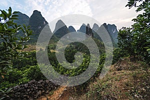 Hiking in the Karst mountains in Guilin region of South China, close to Xingping village, Li River