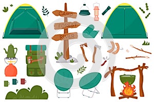 Hiking kit for summer camping, travel, trip, hiking, tourist, nature, travel. Vector illustration in a flat style.
