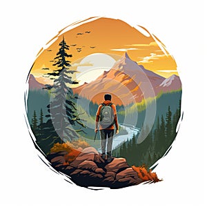 Hiking Logo With Vibrant Mountain Silhouette At Sunset