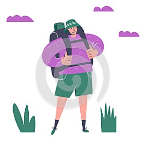 Hiking man with backpack. Trekking to nature