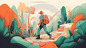 a hiking man in a colorful cartoon artwork, ai generated image