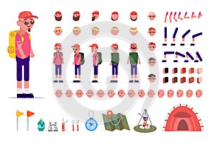 Hiking man kit, animation set of male tourist with camping equipment with different types of faces, haircuts, emotions