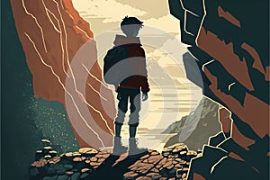 Hiking man in the mountains. Vector illustration of a silhouette of a man