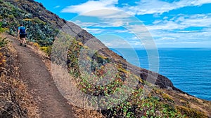 Hiking man with scenic view of coastline of Anaga mountain range on Tenerife, Canary Islands, Spain. View on Cabezo el Tablero photo