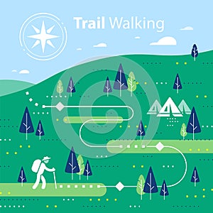 Hiking map, forest trail, running or cycling path, orienteering game, lush landscape with hills and trees