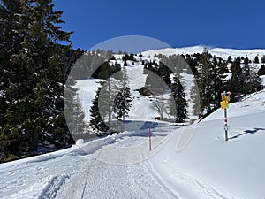 Hiking markings and orientation signs with signposts for navigating in the idyllic winter ambience of the Swiss Alps