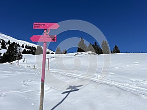 Hiking markings and orientation signs with signposts for navigating in the idyllic winter ambience of the Swiss Alps