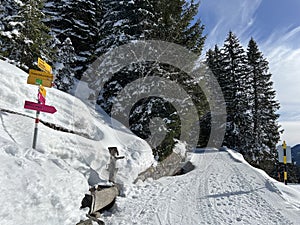 Hiking markings and orientation signs with signposts for navigating in the idyllic winter ambience of the Swiss Alps