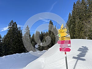 Hiking markings and orientation signs with signposts for navigating in the idyllic winter ambience of the Swiss Alps