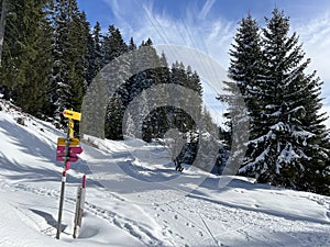 Hiking markings and orientation signs with signposts for navigating in the idyllic winter ambience of the Swiss Alps