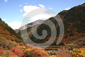 Hiking through the Min Mountains, surrounded by the colorful fall foliage in Jiuzhaigou Valley National Park of Sichuan, China.