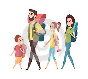 Hiking. Mom dad daughter son with backpacks. Isolated tourists characters vacation or family trip vector illustration