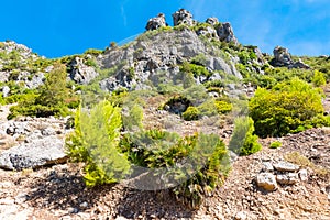 Hiking in Morocco`s Rif Mountains under Chefchaouen city, Morocco, Africa