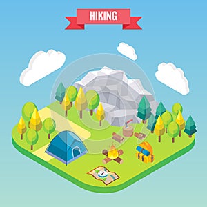 Hiking in mountain forest isometric concept. Vector illustration in flat 3d style. Outdoor activity